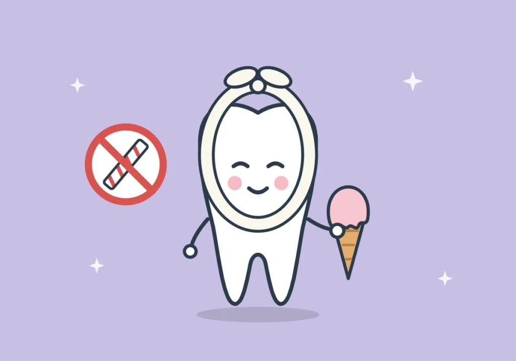 Cartoon tooth with a head bandage holding an ice cream cone next to a no-straws sign — wisdom teeth aftercare